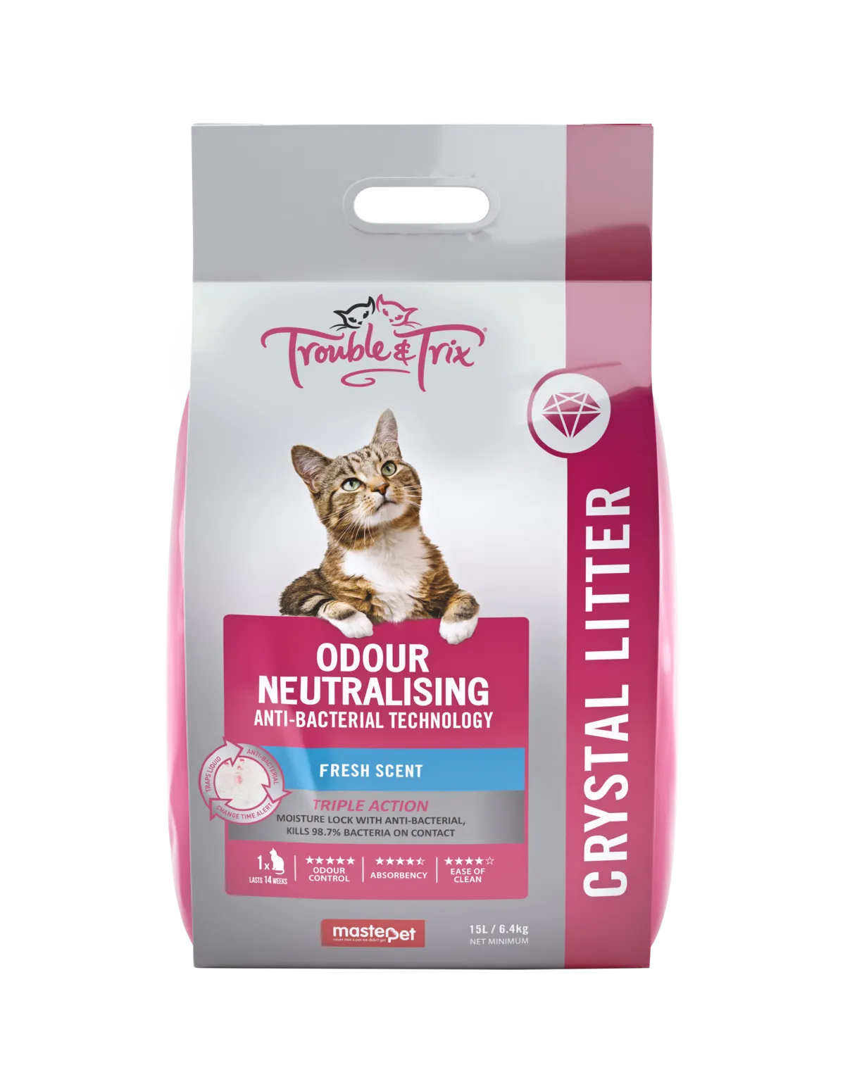 Trouble and Trix Odour Neutralising Anti-Bacterial Crystal Cat Litter 15L