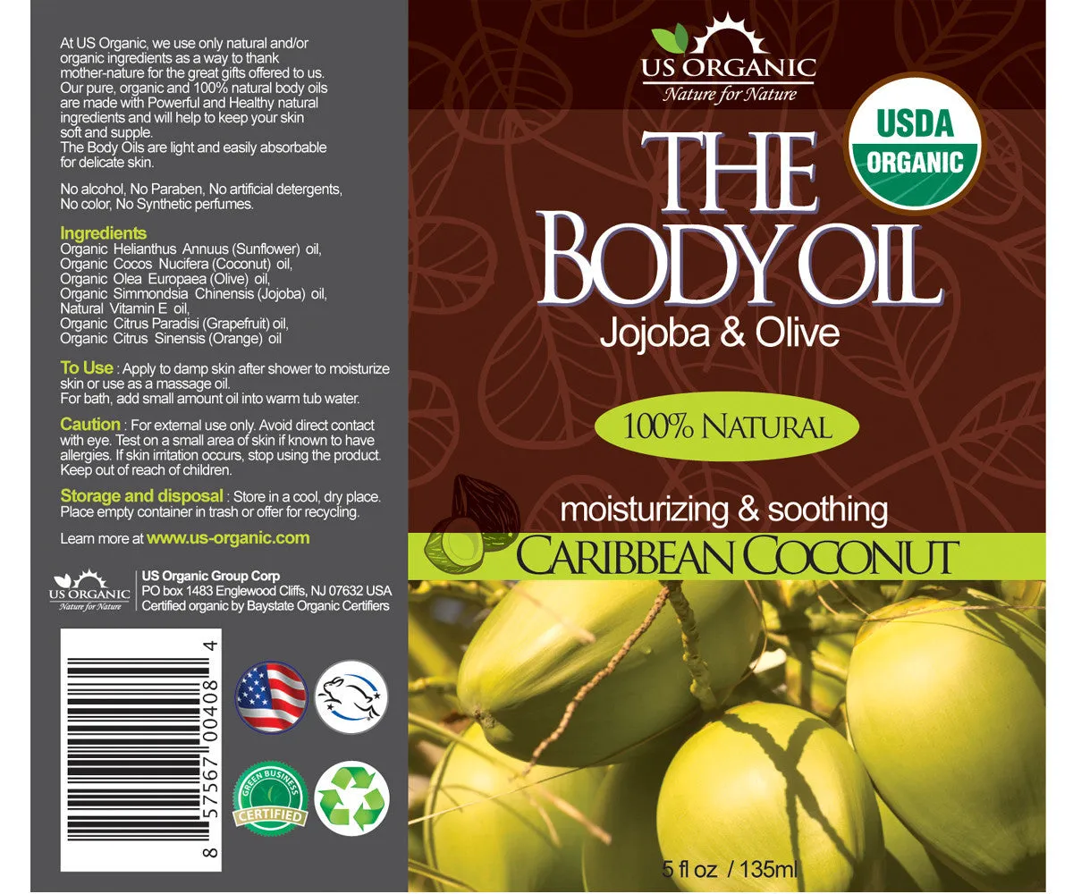 US Organic The Body Oil, Smooth Caribbean Coconut, USDA Certified Organic, 5 oz